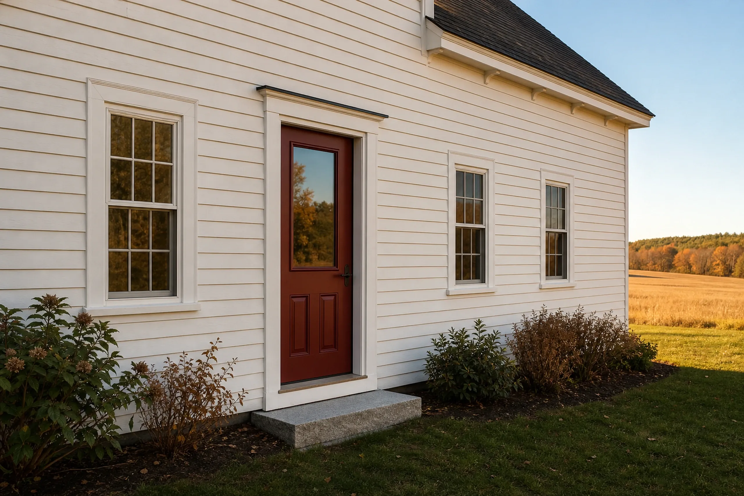 Window replacement in Warren: cream clapboard farmhouse wall with a red paneled door on a granite step, three double-hung windows, and a golden field beyond