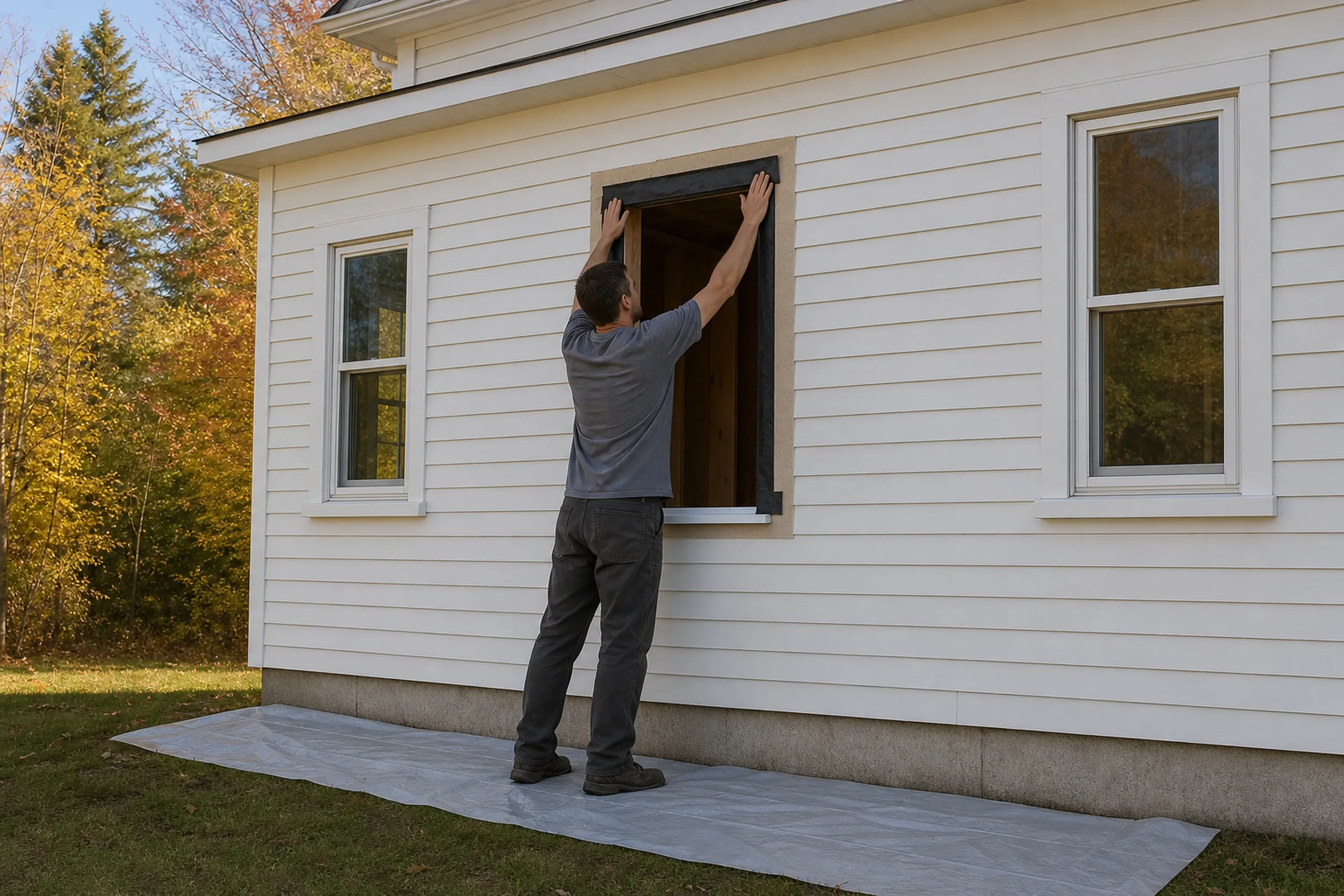 Window replacement in Warren: A man in a gray shirt seen from behind, reaching up to an empty window opening edged in black tape, plastic sheeting below