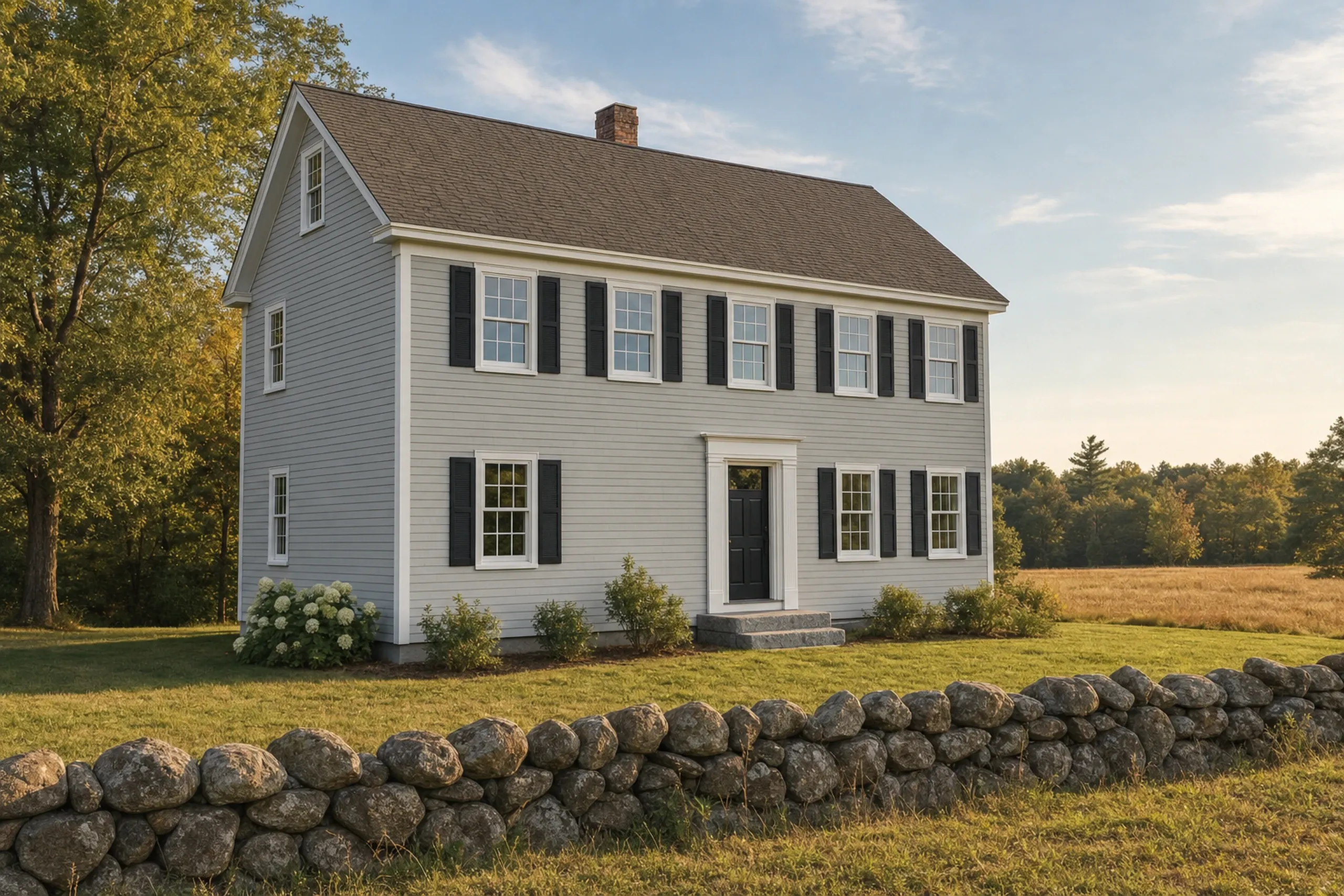 Window replacement in Warren, ME: two-story gray clapboard house with black shutters, a black front door, and a fieldstone wall across a meadow, with trees behind