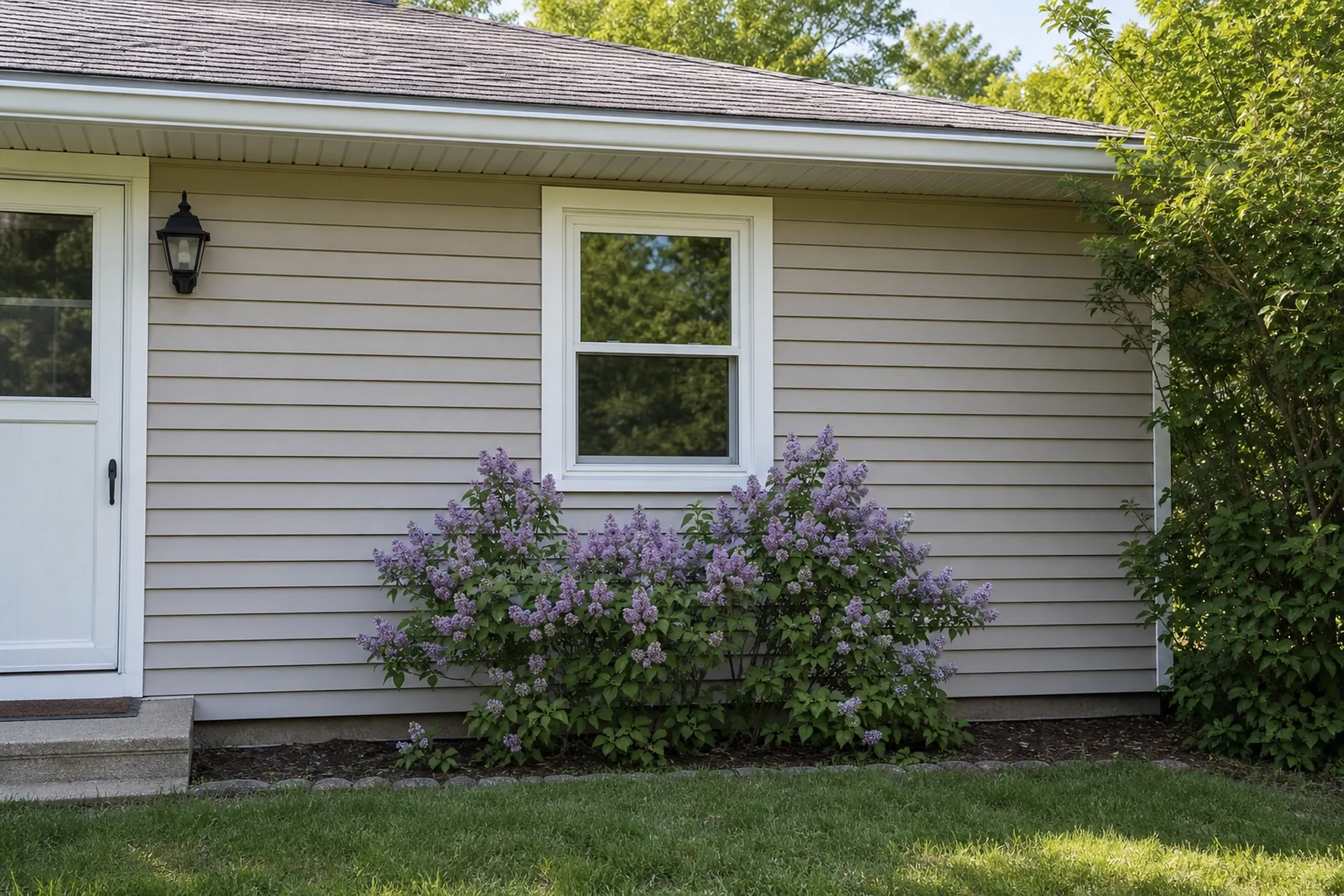 Window replacement in Warren: tan-sided single-story house with a white one-over-one window above blooming lilacs, a white door, and a black wall lantern