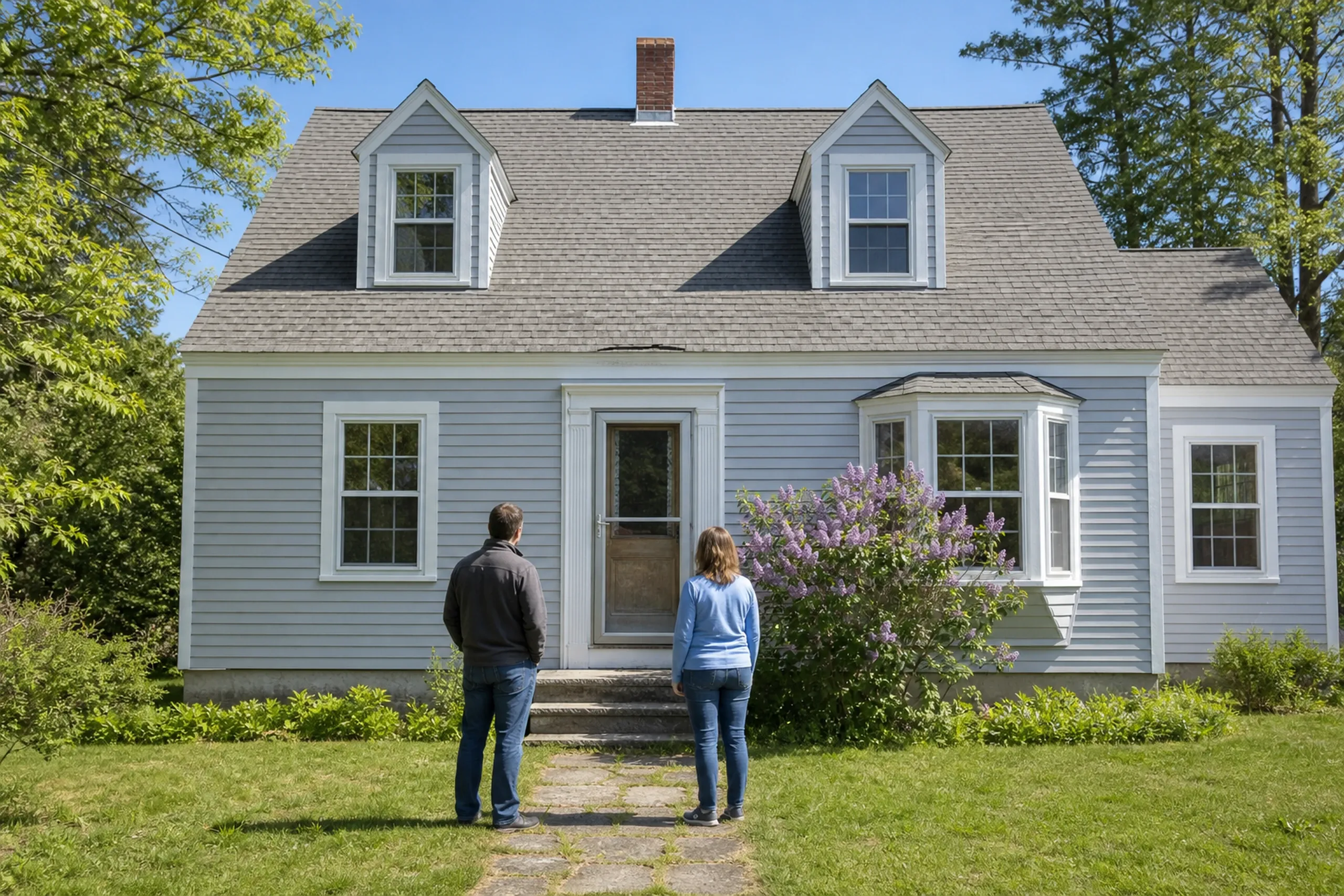 Window replacement in Warren first visit: two people seen from behind on a stone path facing a gray-blue Cape with two dormers, a bay window, and a blooming lilac