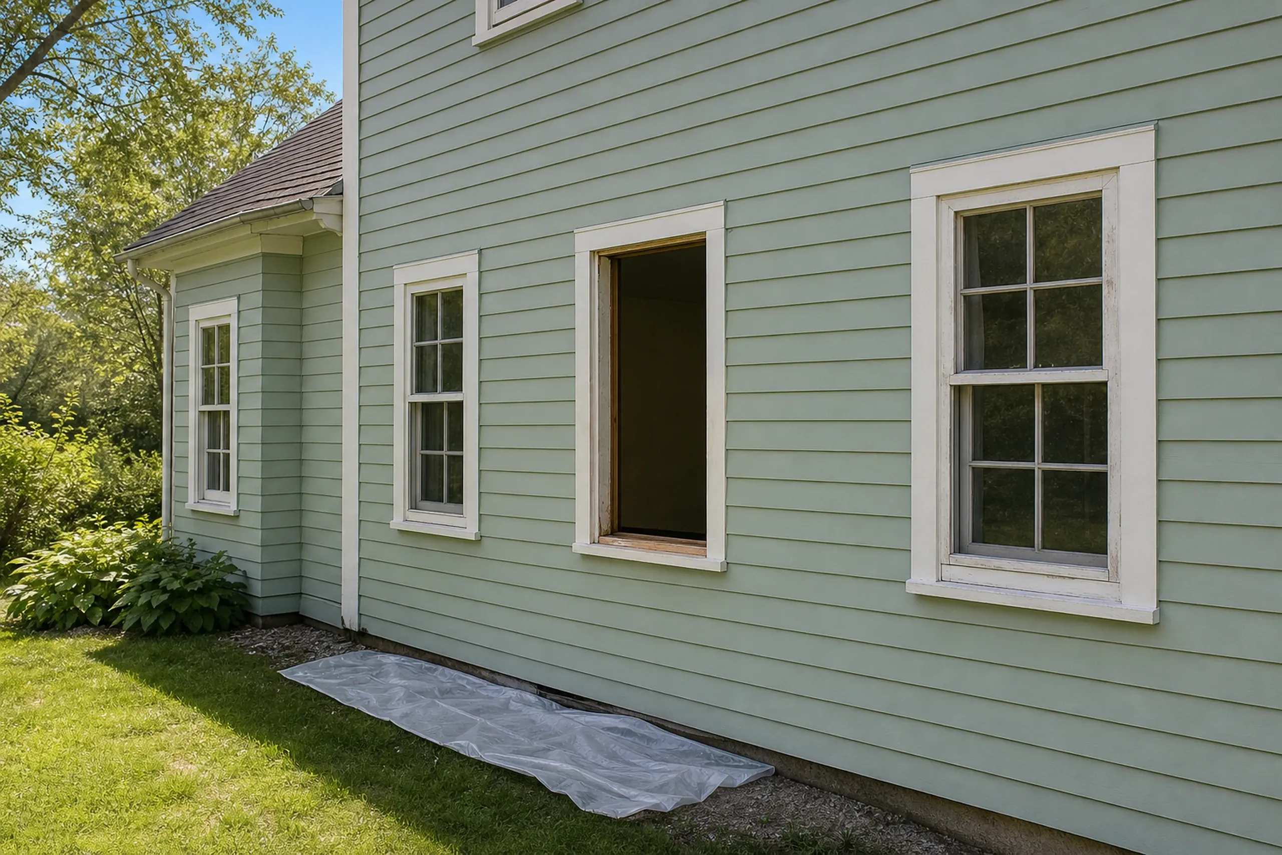 Window replacement in Warren in progress: pale green clapboard wall with an empty window opening between two double-hung windows, and plastic sheeting on the grass below