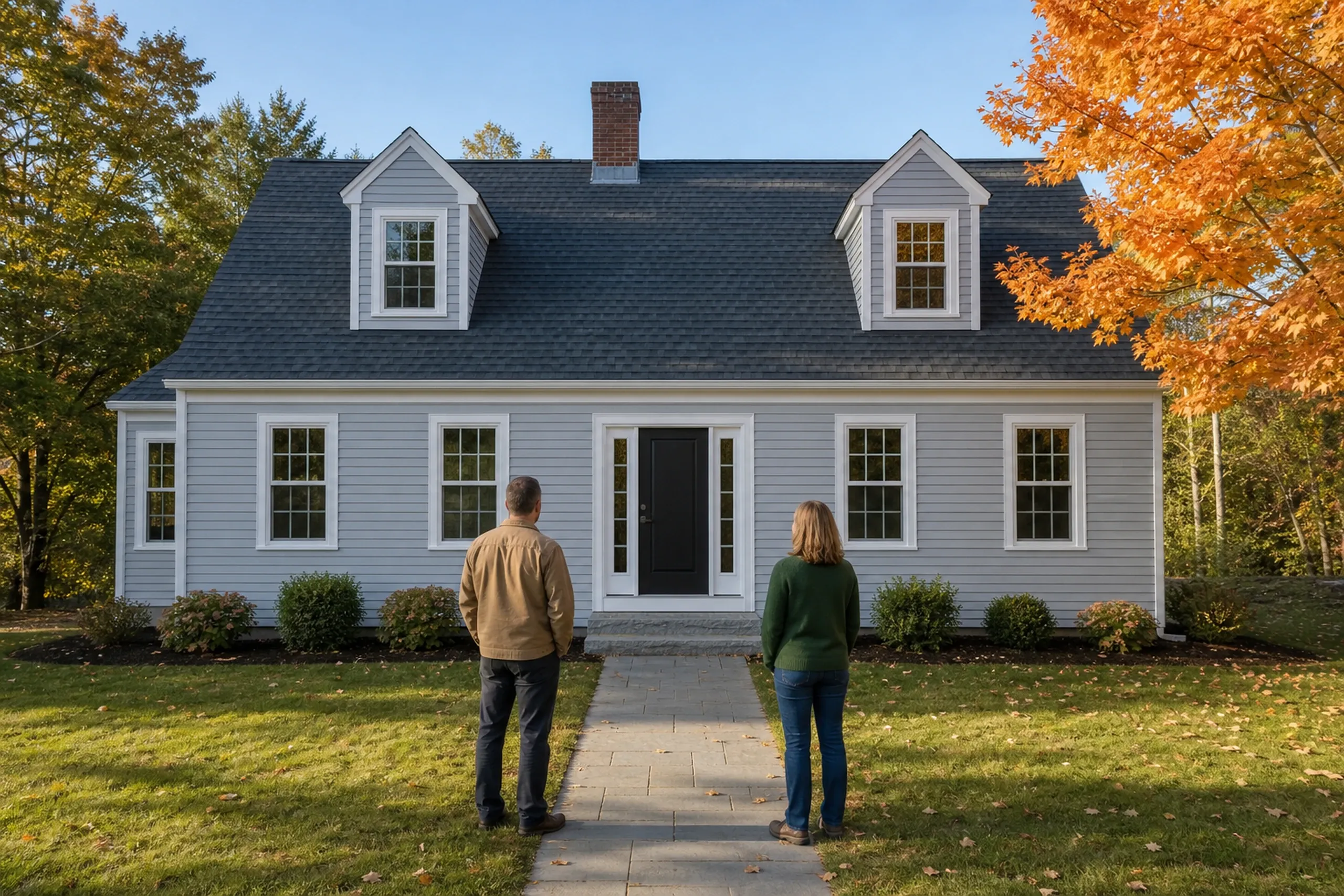 Window replacement in Warren final walkthrough: gray Cape with a dark roof, two dormers, and a black door, as two people stand on a paved walk beside an orange autumn maple