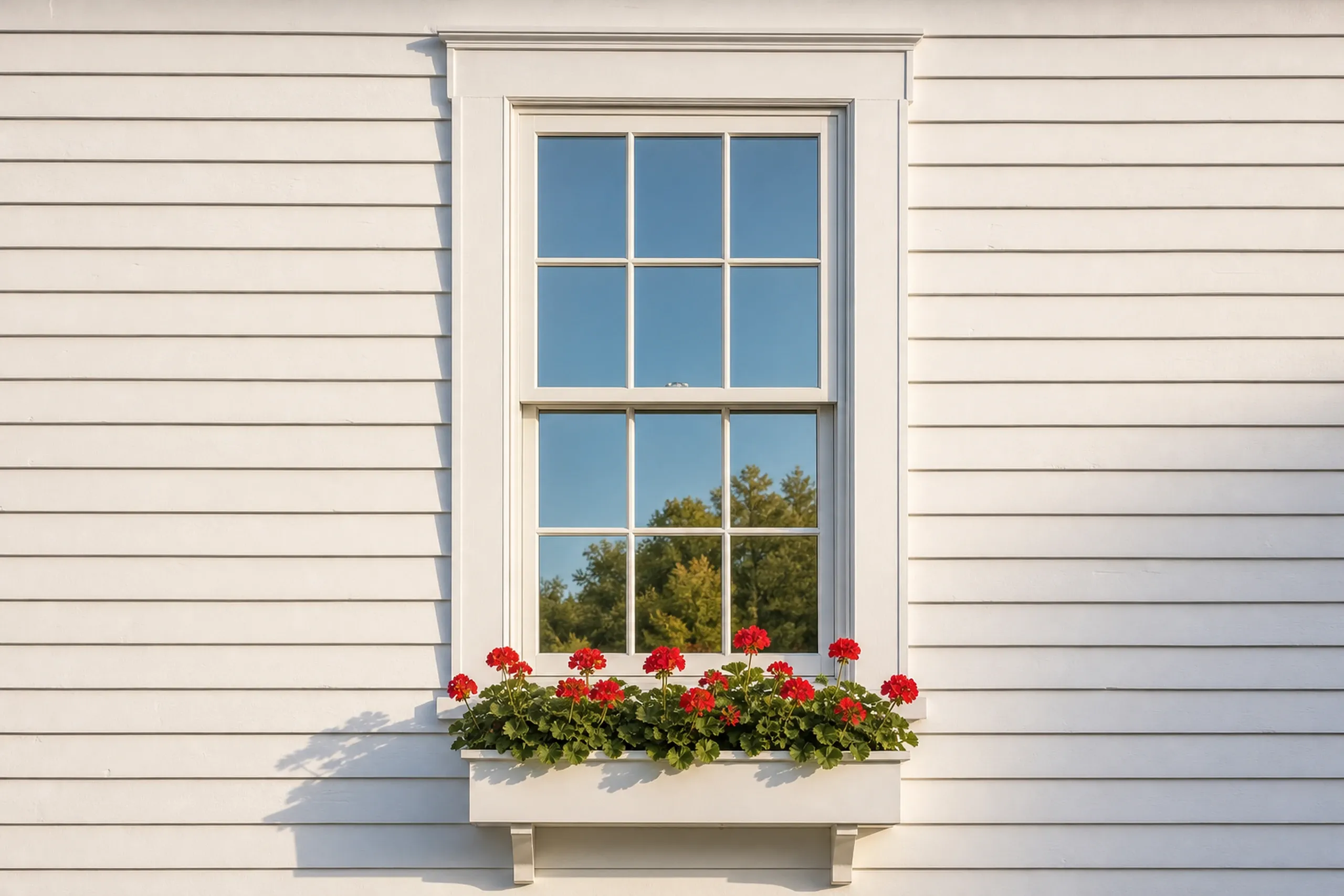 Window replacement in Warren: six-over-six white window with a flower box of red geraniums set in cream clapboard siding, with blue sky and trees in the glass