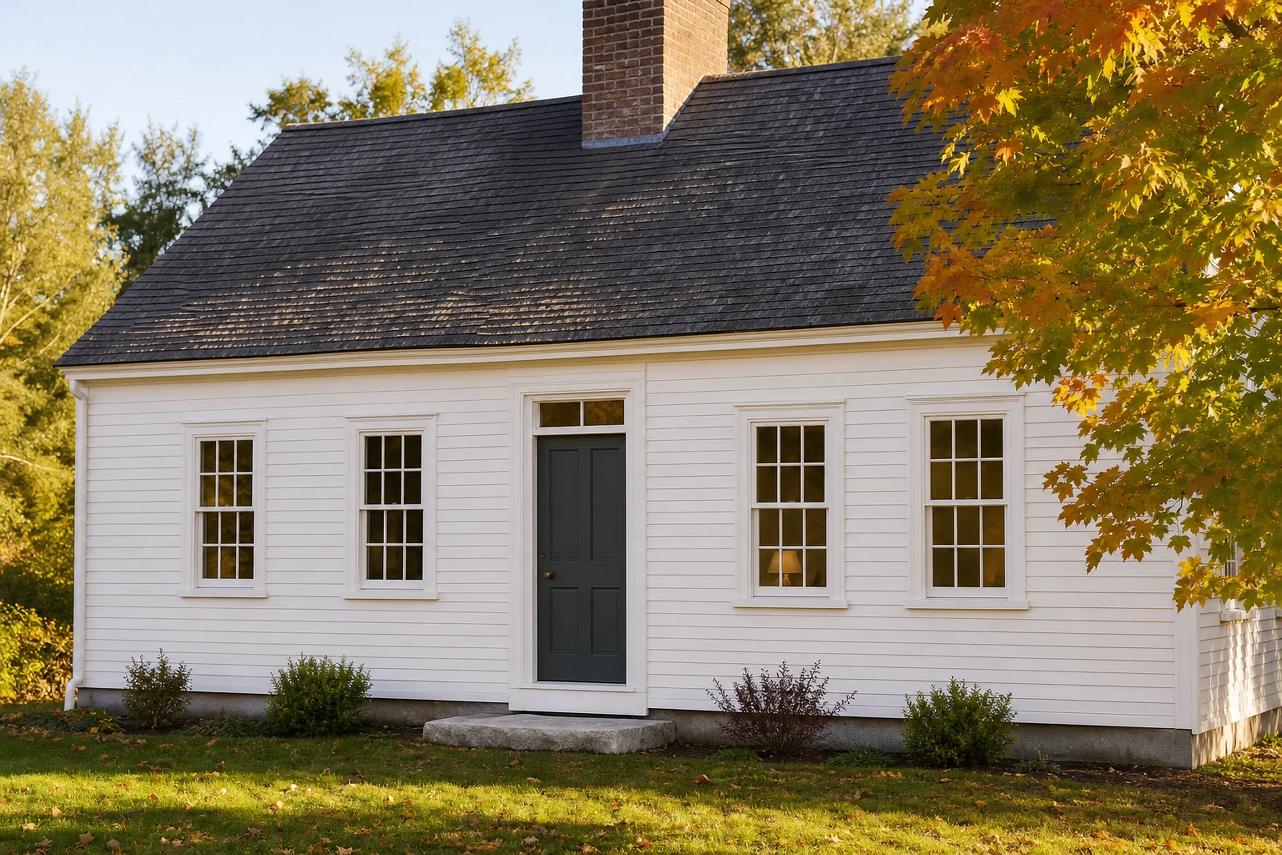 Window replacement in Warren: white clapboard Cape with a charcoal door, four double-hung windows, a brick chimney, and a maple turning orange and yellow in autumn