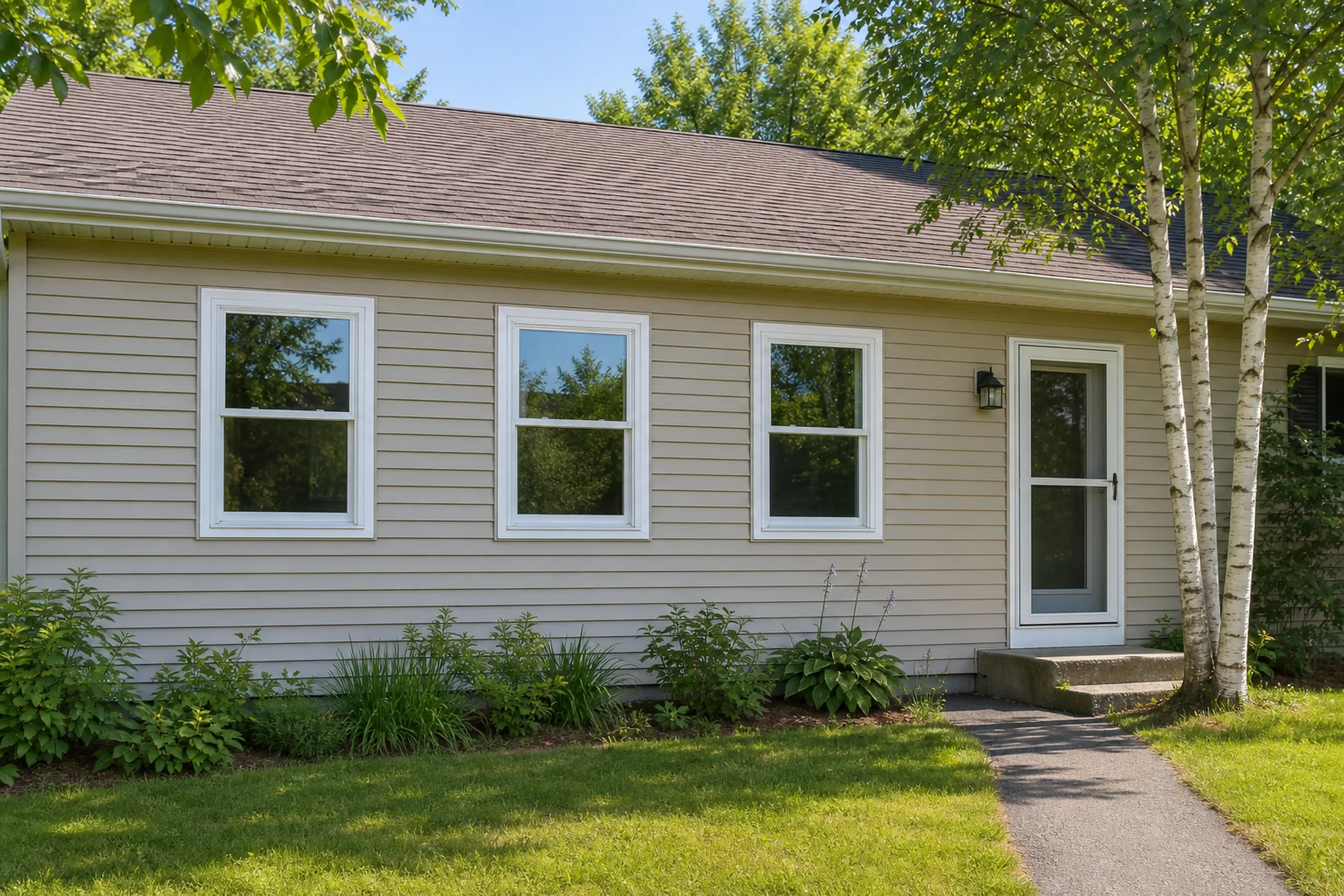Window replacement in Washington: tan ranch house with three white one-over-one windows, a white storm door, a black lantern, and white birch trunks beside a paved walk