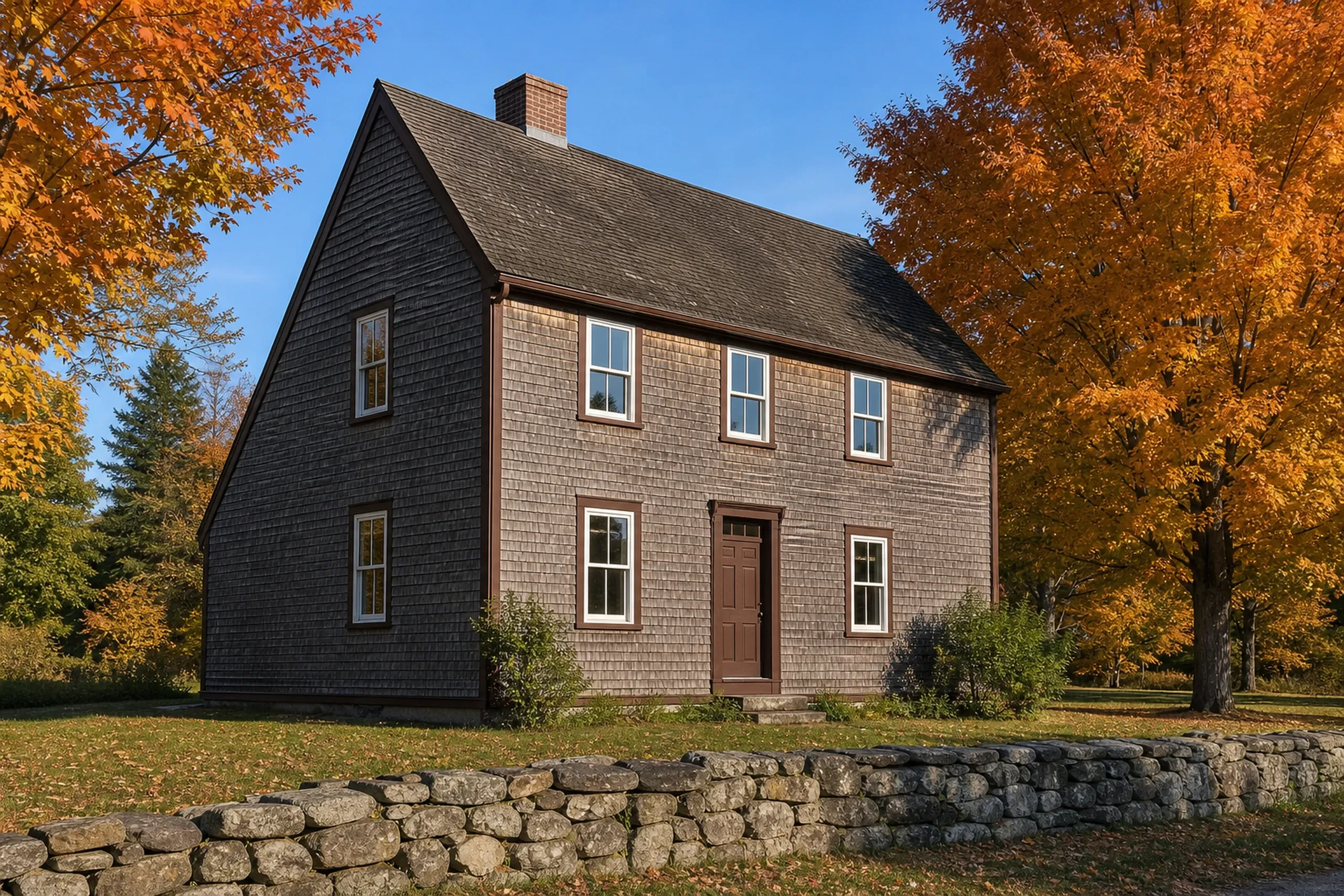 Window replacement in Washington: gabled two-story house clad in brown wood shingles with brown trim and door, a fieldstone wall, and orange maples in autumn