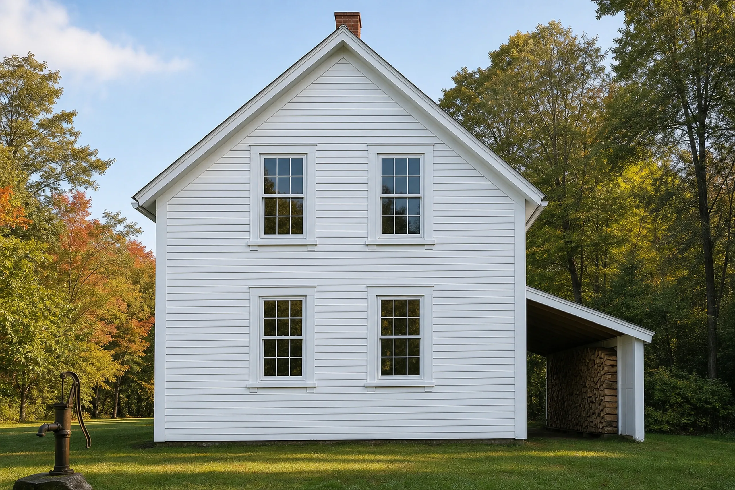 Window replacement in Washington: white clapboard gable end with four double-hung windows, a roofed woodpile on the right, and an iron hand pump on the lawn at left