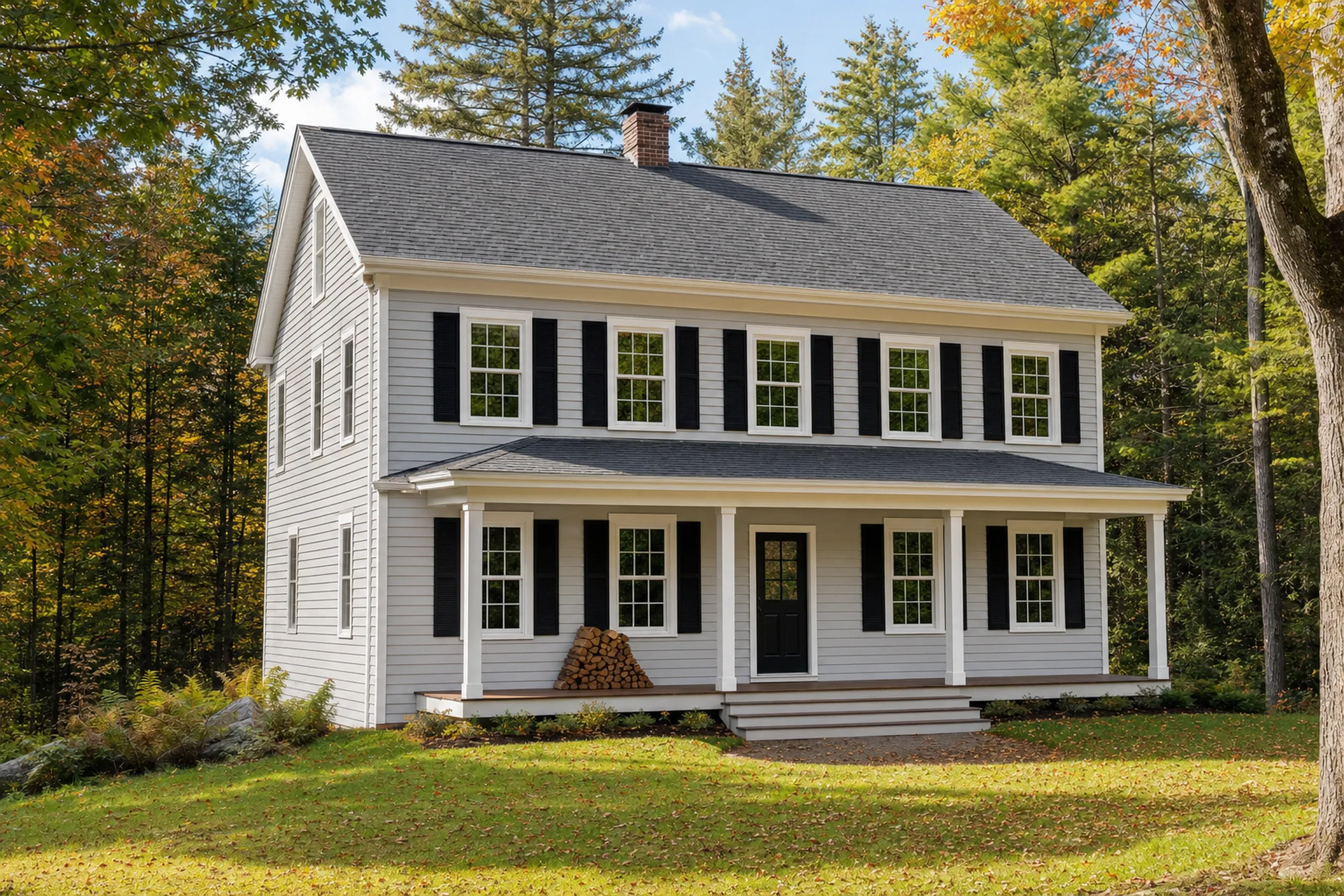Window replacement in Washington, ME: gray two-story house with black shutters, a covered front porch on white posts, a black door, and a woodpile, set against forest