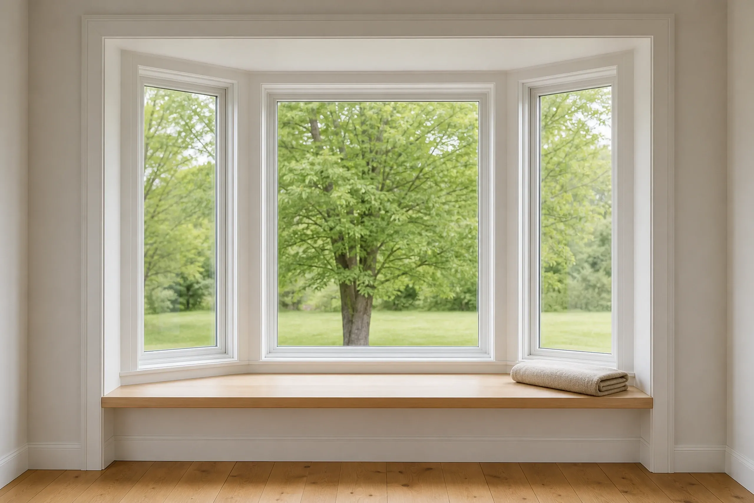 Window replacement in Washington: empty bay window with three white-framed windows, a plank seat holding a folded cloth, a wood floor, and a green tree outside