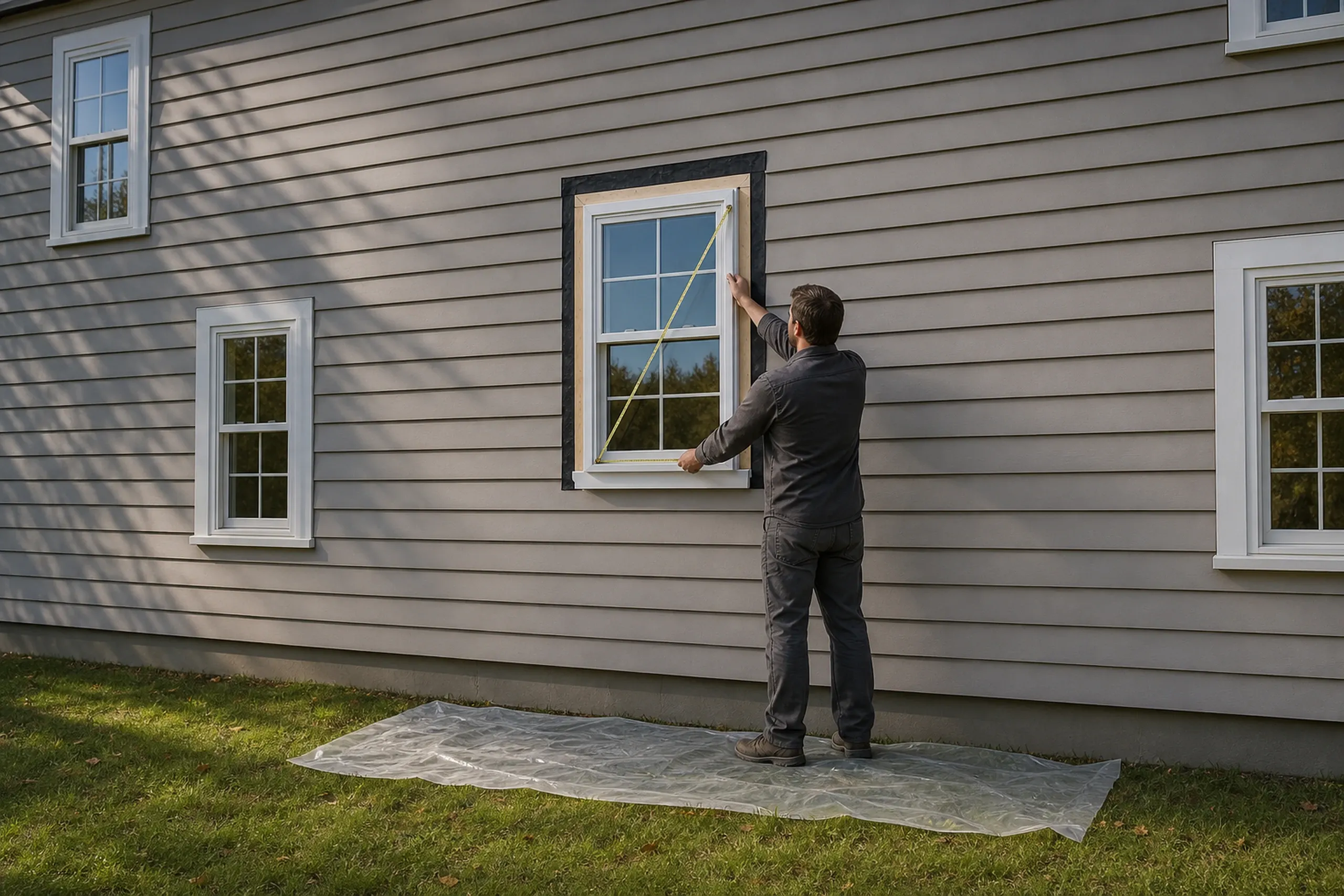 Window replacement in Washington: A man in a dark shirt facing a window ringed in black tape, holding a yellow tape measure corner to corner, plastic sheeting below