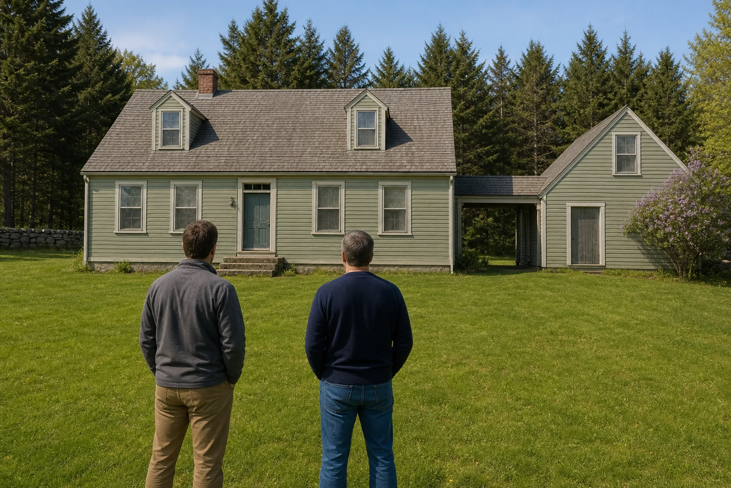 Window replacement in Washington first visit: sage green Cape with dormers, a breezeway, and a gabled side wing, as two people seen from behind look on, with tall pines beyond