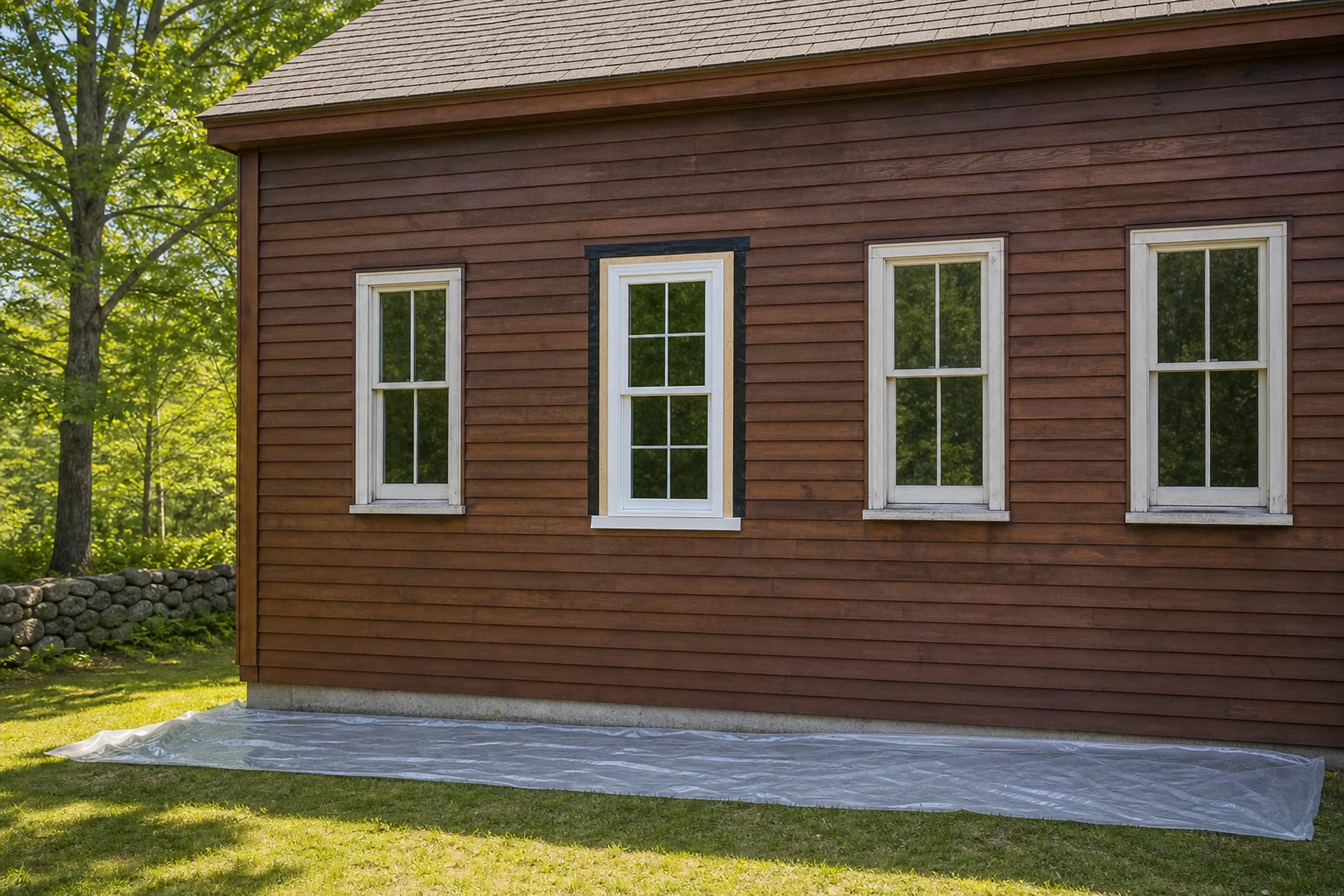 Window replacement in Washington in progress: dark red-brown clapboard wall with three double-hung windows, the middle one framed in black tape, over plastic sheeting on the grass