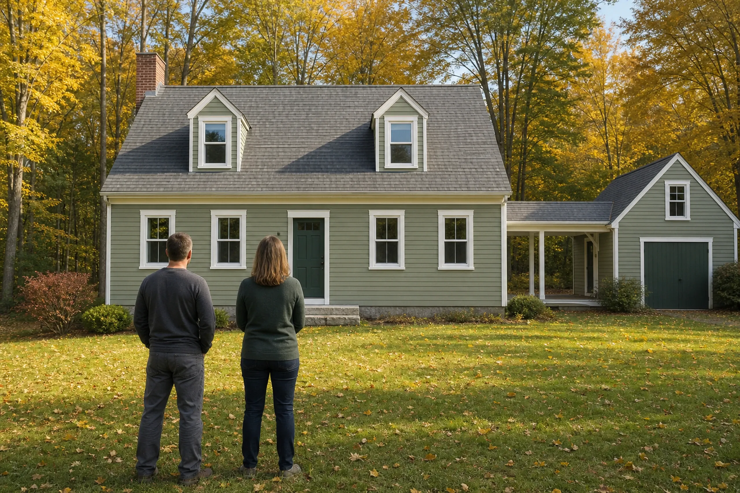 Window replacement in Washington final walkthrough: yellow autumn woods behind a sage green Cape with a green door and garage wing, and two people seen from behind on a leafy lawn
