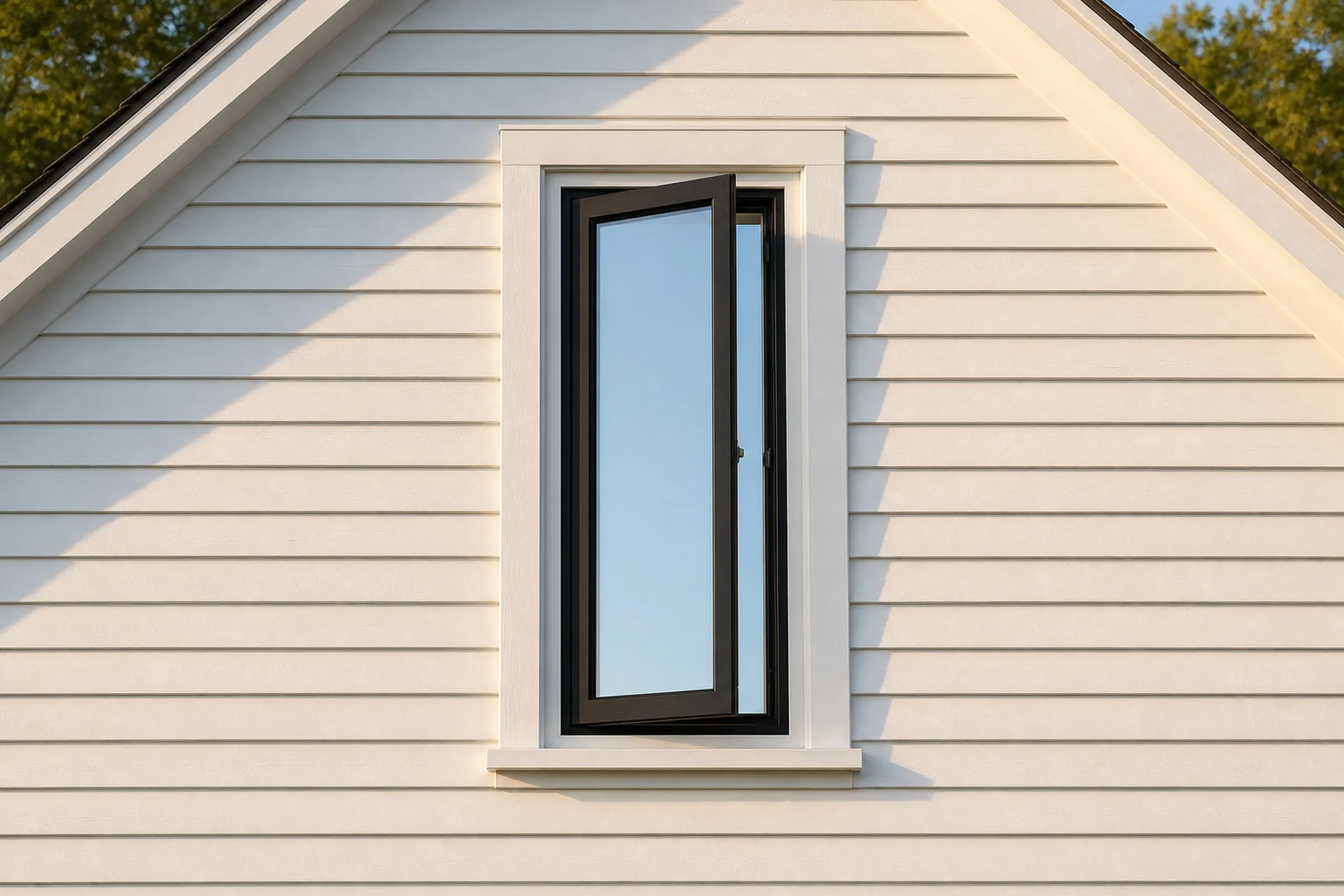 Window replacement in Washington: black-framed casement window swung open on a cream clapboard gable, with light trim around it and blue sky reflected in the glass