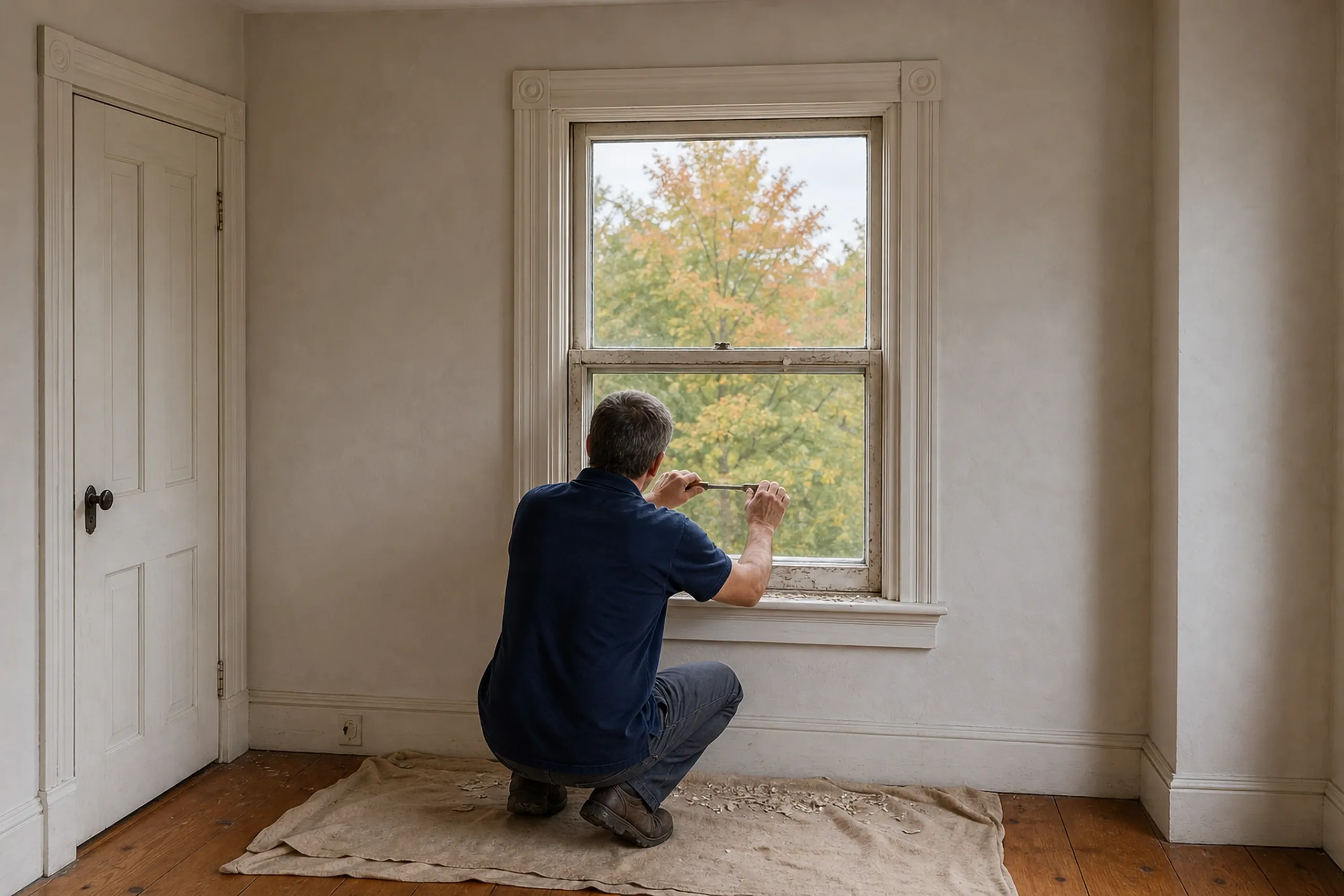 Wood window replacement: A man in a navy shirt, seen from behind, crouching at an old double-hung window and working a small tool along the sill