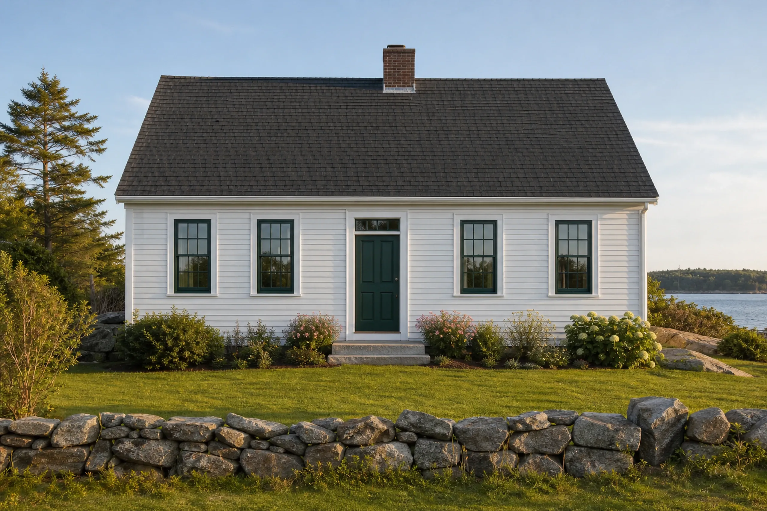 Wood window replacement: white clapboard Cape with a dark green door, four green-framed windows, a brick chimney, a fieldstone wall, and water in the distance