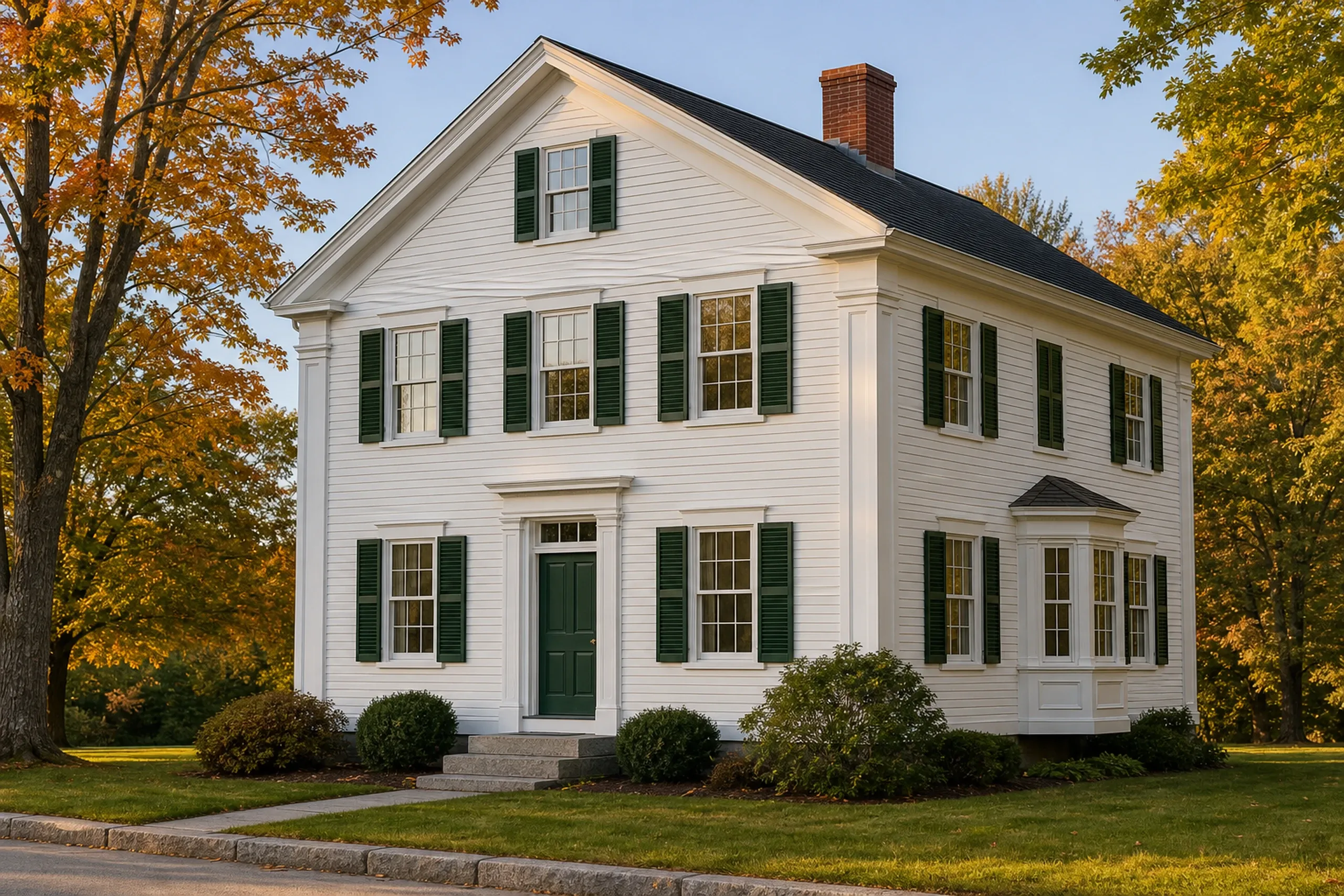 Wood window replacement: white two-story house with dark green shutters and door, a brick chimney, a small bay window at right, and maples in autumn color