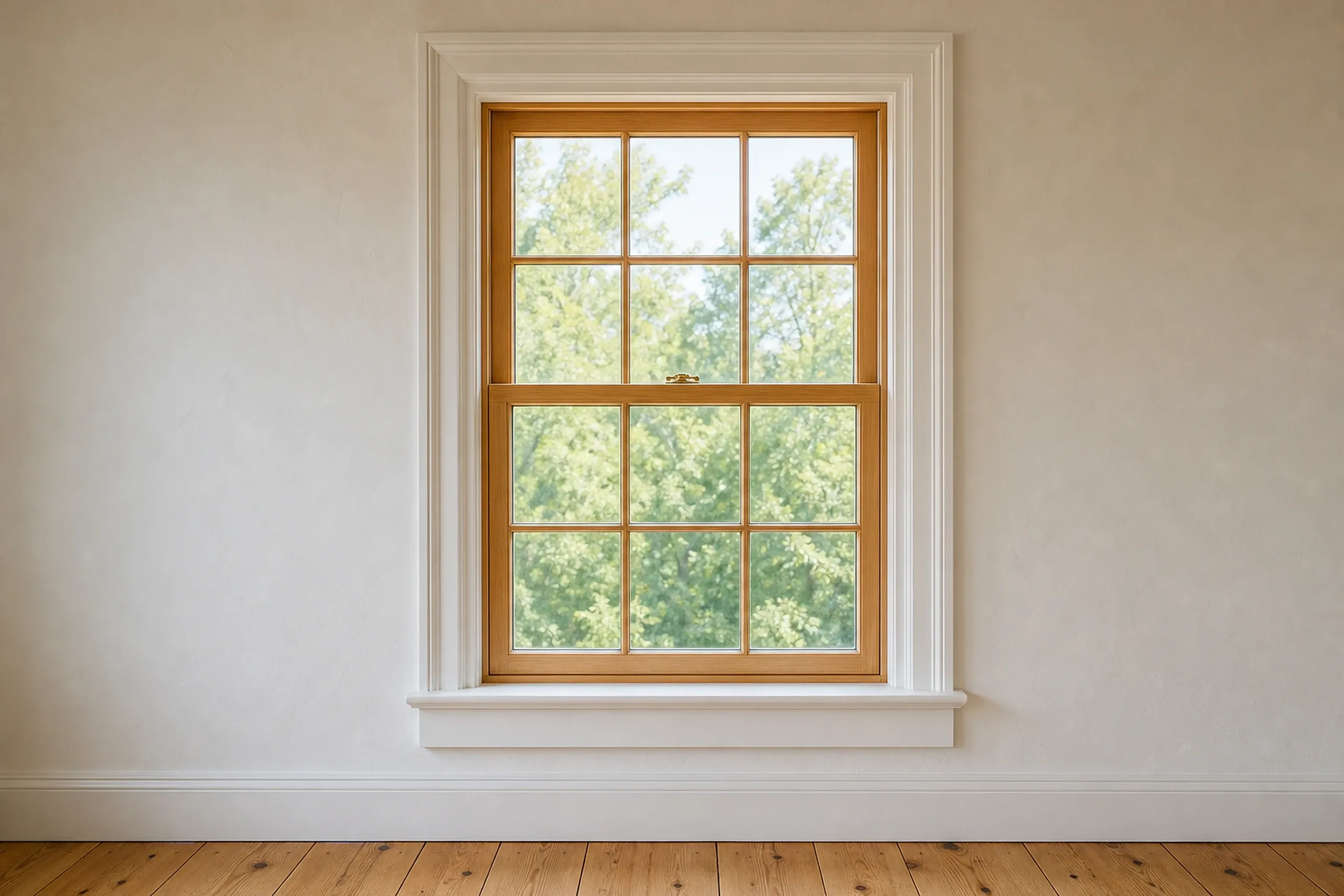 Wood window replacement: wood-framed six-over-six double-hung window in a cream wall with white trim and a plank floor, with green trees seen through the glass
