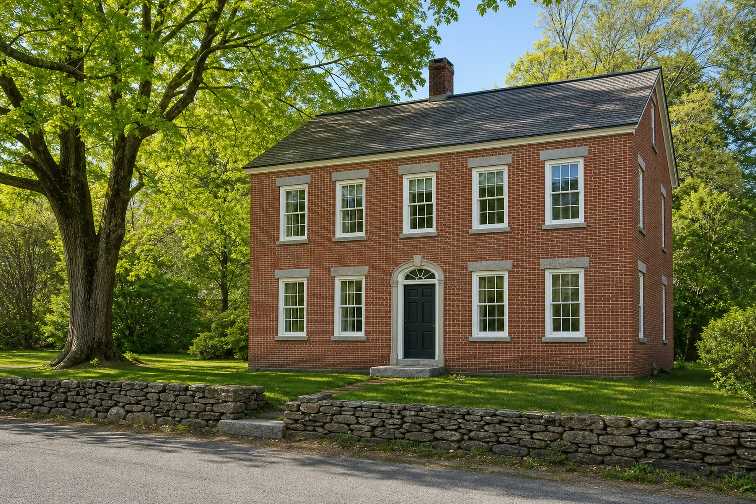 Wood window replacement: two-story red brick house with white double-hung windows under stone lintels, a black door under an arched fanlight, and a fieldstone wall