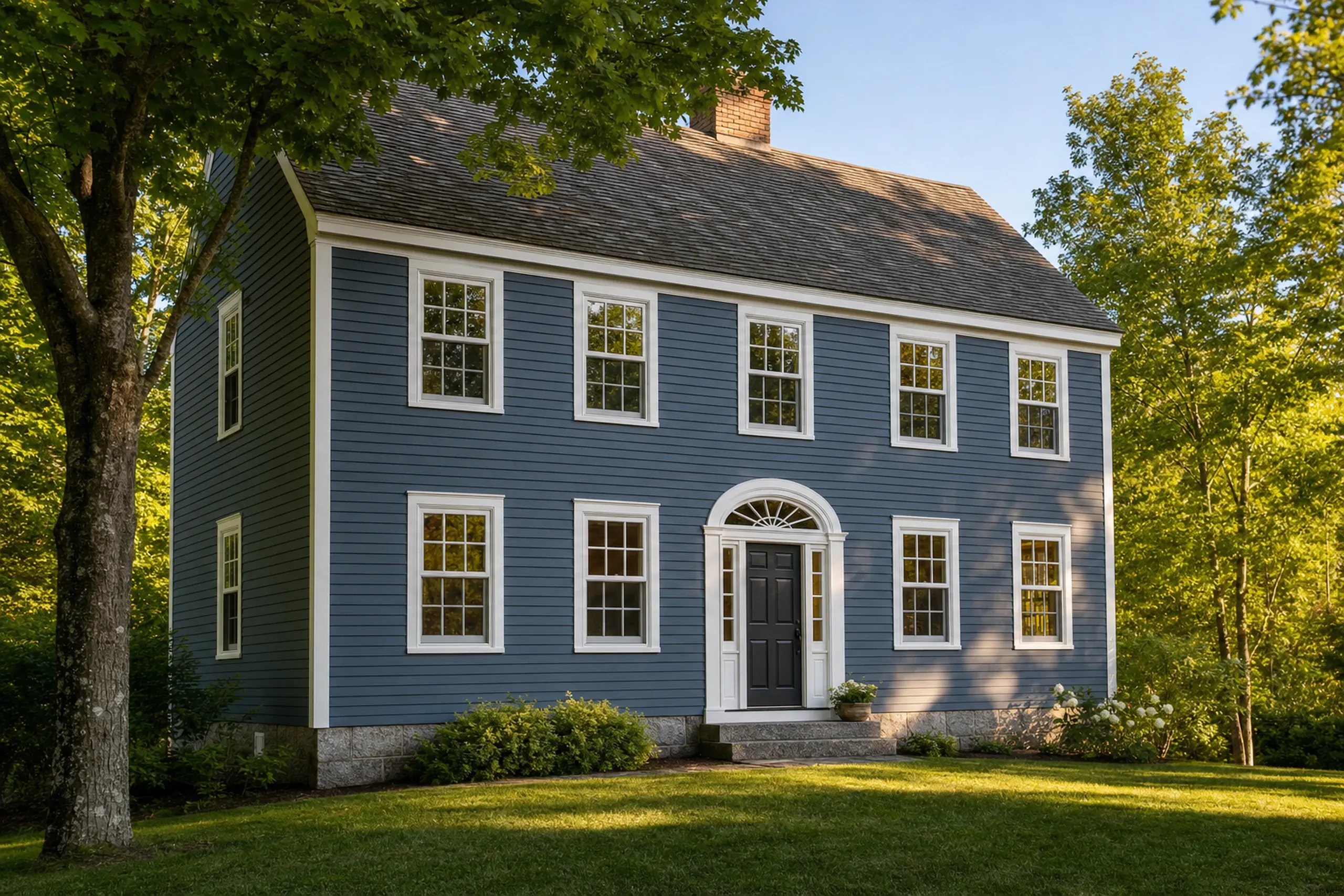 Wood window replacement: slate blue clapboard house with white trim, an arched fanlight over a dark front door, a granite foundation, and sunlit green trees