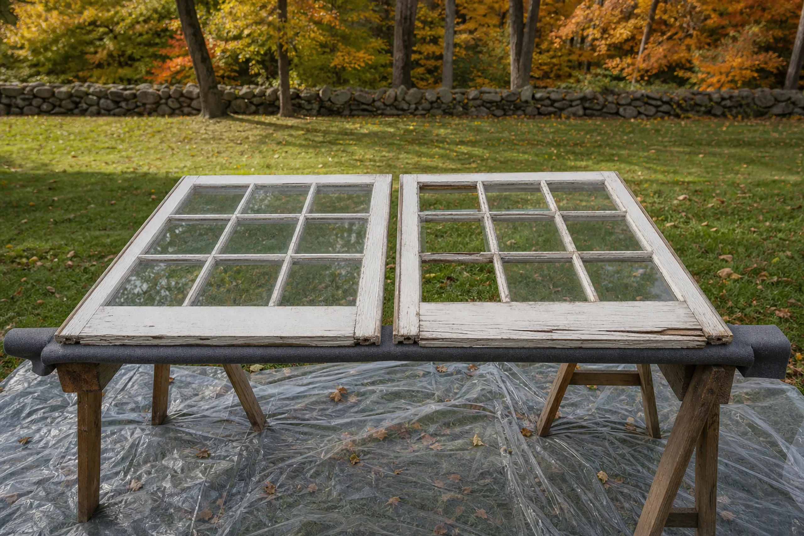 Wood window replacement: two old white window sashes with peeling paint and nine panes each, resting on sawhorses over plastic sheeting beside a stone wall