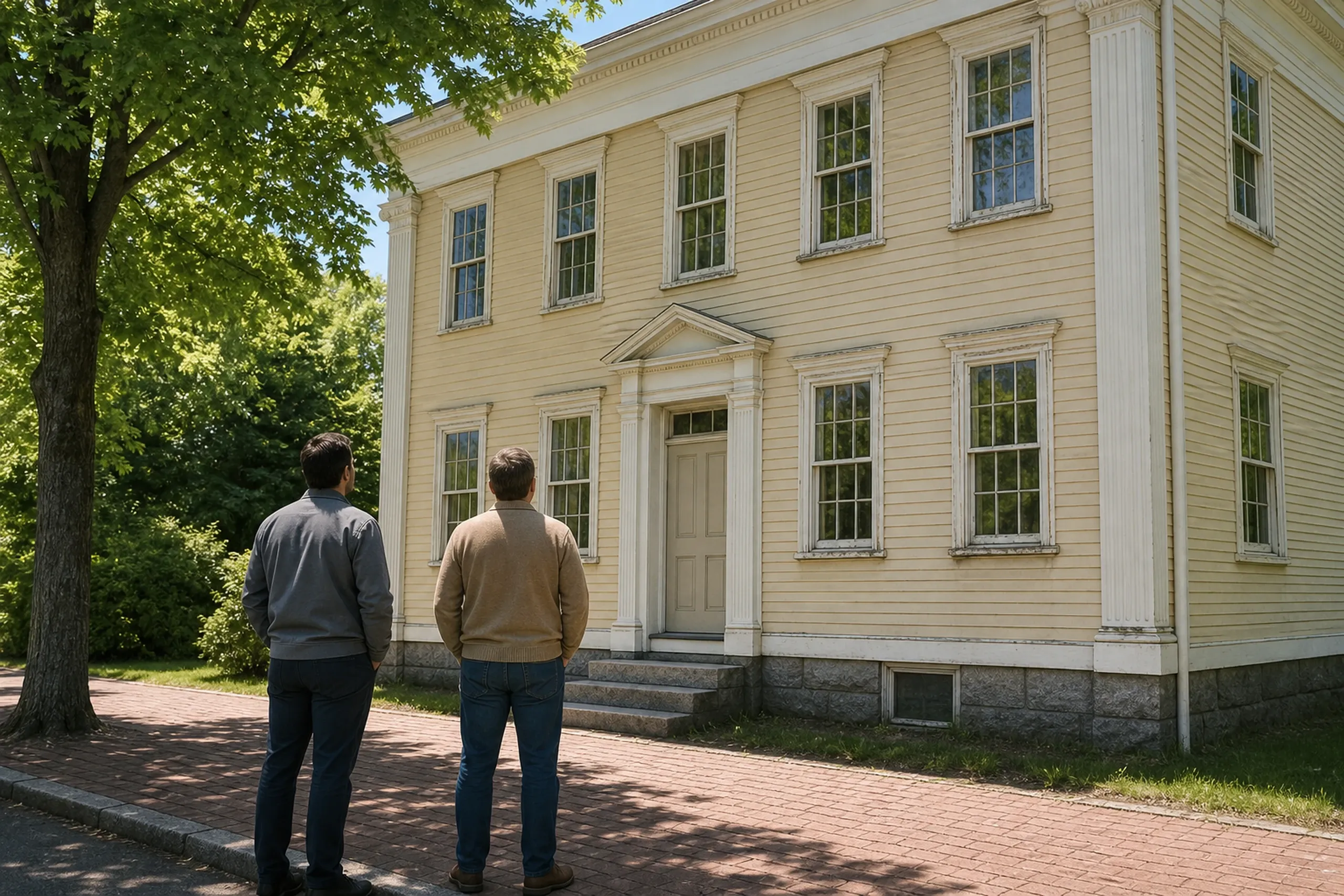 Wood window replacement first visit: two people seen from behind on a brick sidewalk, looking up at a pale yellow clapboard house with tall pilasters and a pedimented door