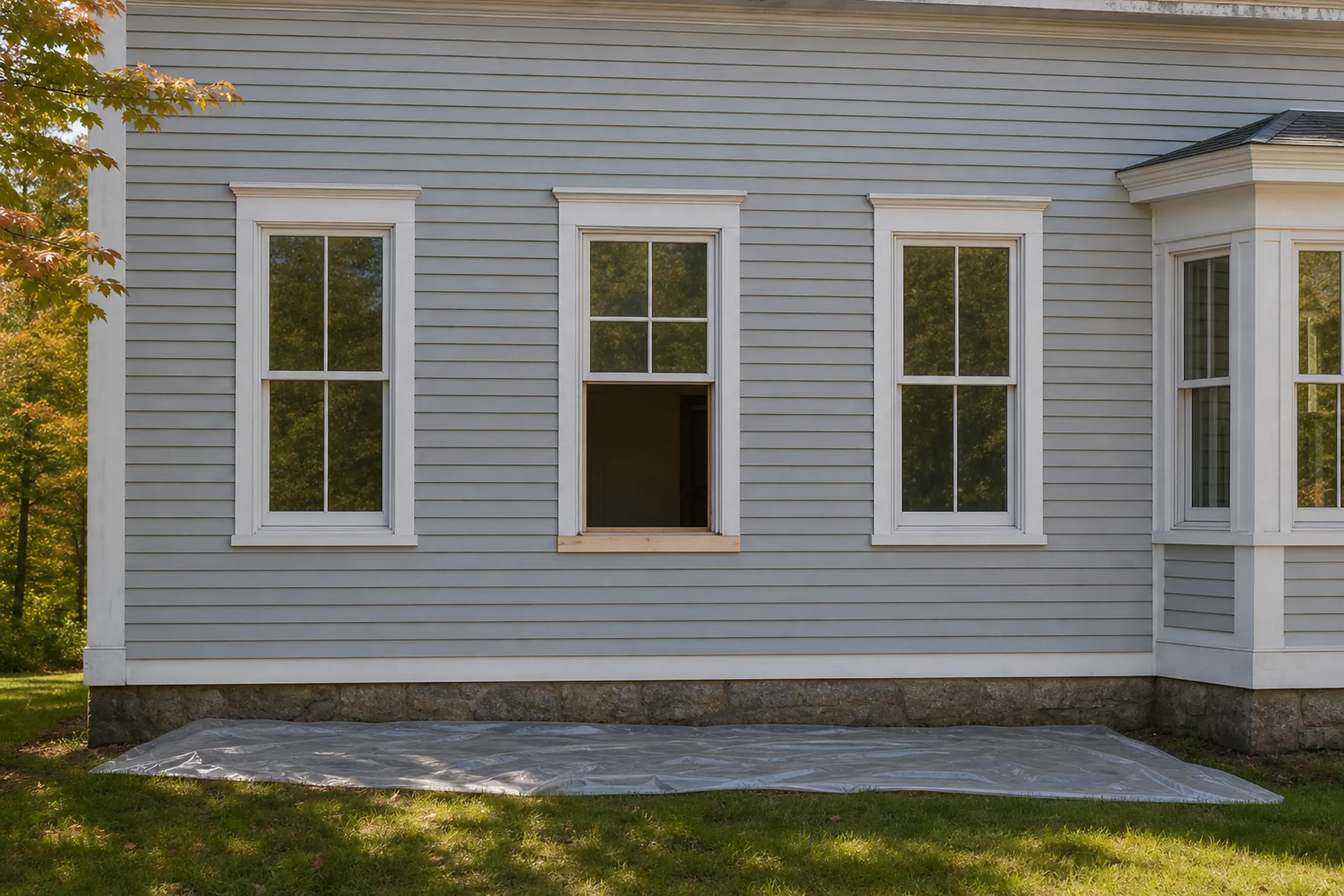 Wood window replacement in progress: gray clapboard wall with three double-hung windows, the middle one missing its lower sash, a bay window at right, plastic sheeting below