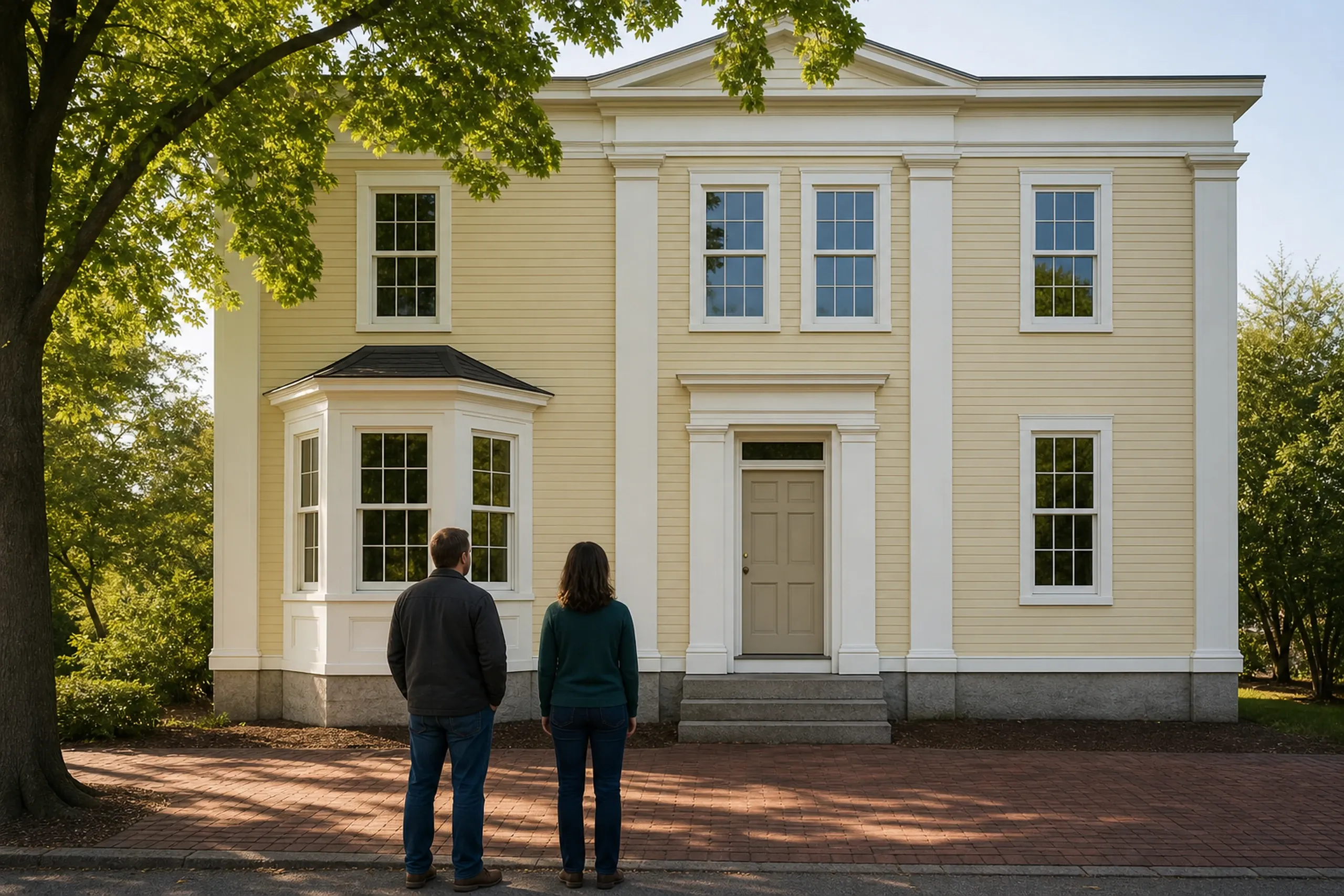 Wood window replacement final walkthrough: pale yellow clapboard house with white pilasters and a bay window, with two people seen from behind standing before a tan paneled door