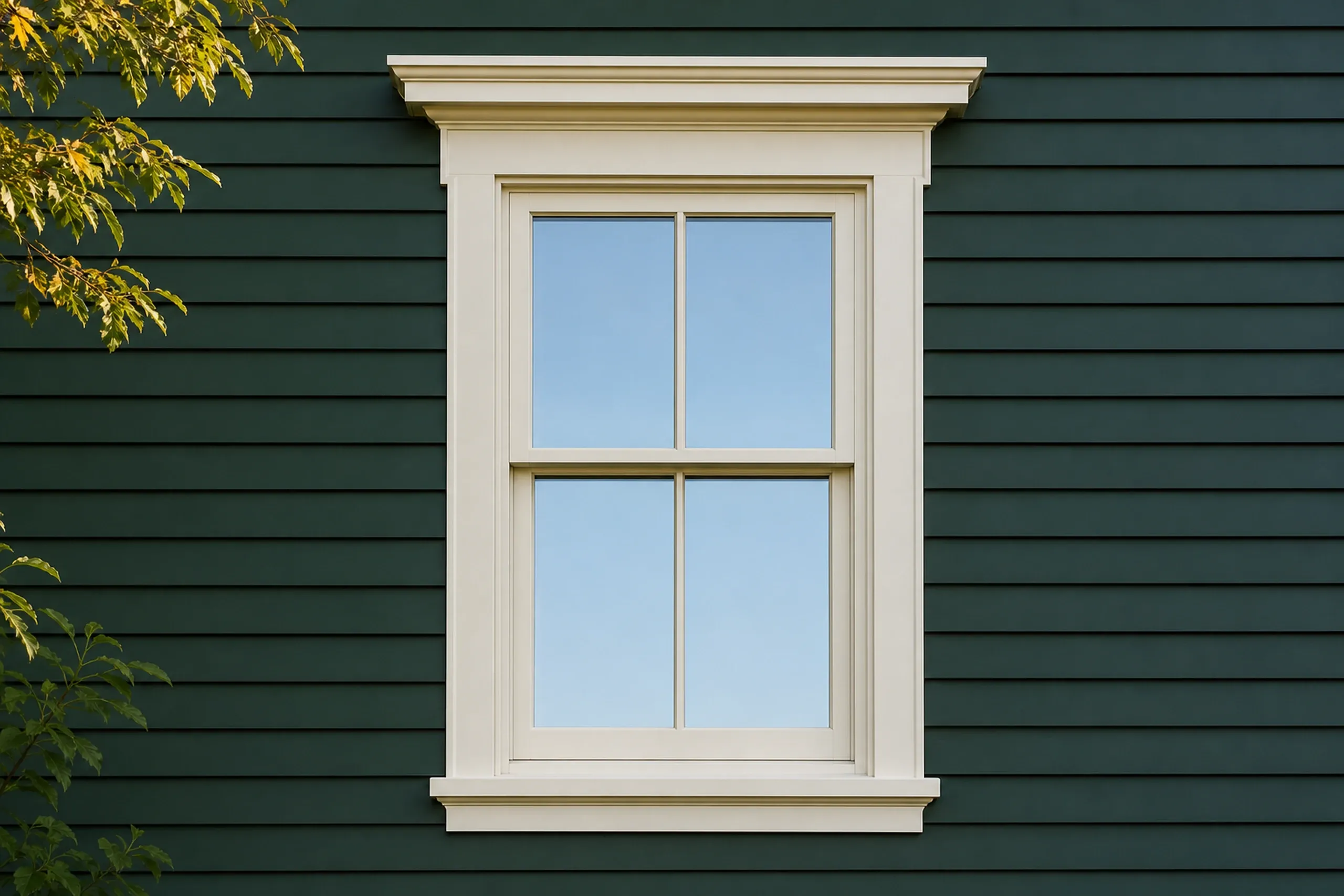 Wood window replacement: cream two-over-two double-hung window with a deep molded cap on dark green clapboard siding, leaves at upper left, blue sky in the glass